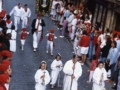 Porteadores de la cruz parroquial y el estandarte de la Virgen de Guadalupe junto con sus ayudantes bajando la calle Mayor